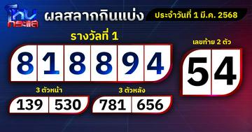 ผลการออกรางวัลสลากกินแบ่งรัฐบาลประจำงวดวันที่ 1 มีนาคม 2568