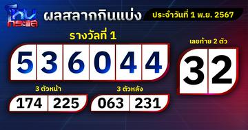 ผลรางวัลสลากกินแบ่งรัฐบาลประจำงวดวันที่ 1 พฤศจิกายน 2567 