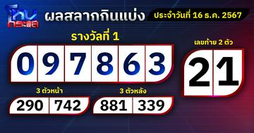 ผลการออกรางวัลสลากกินแบ่งรัฐบาลประจำงวดวันที่ 16 ธันวาคม 2567  